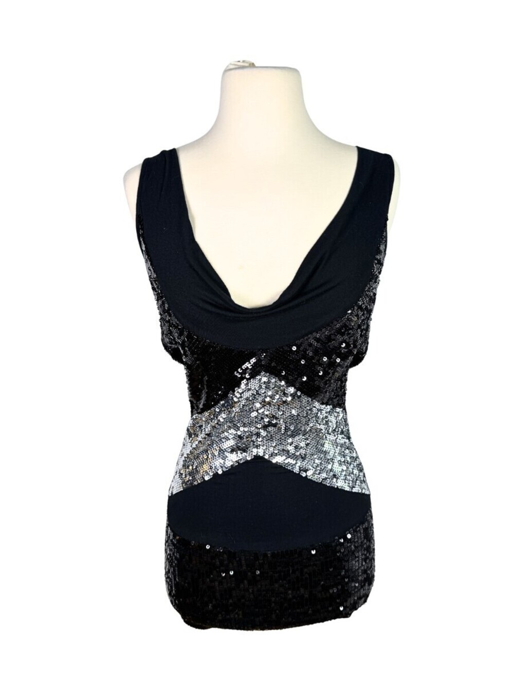 Bebe Y2K Black Silver Sequin Open Back Cowl Neck Party Top XXS